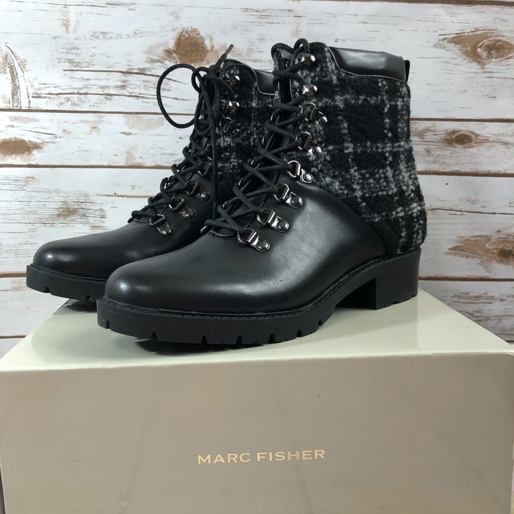 Marc Fisher Black Leather & Plaid Combat Booties